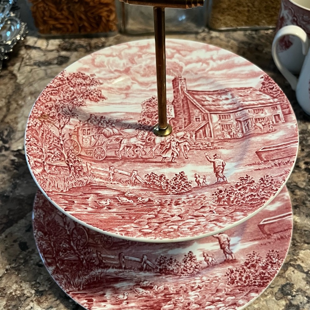 The Post House Wood & Sons Vintage Red and White Two-Tiered Cake Stand